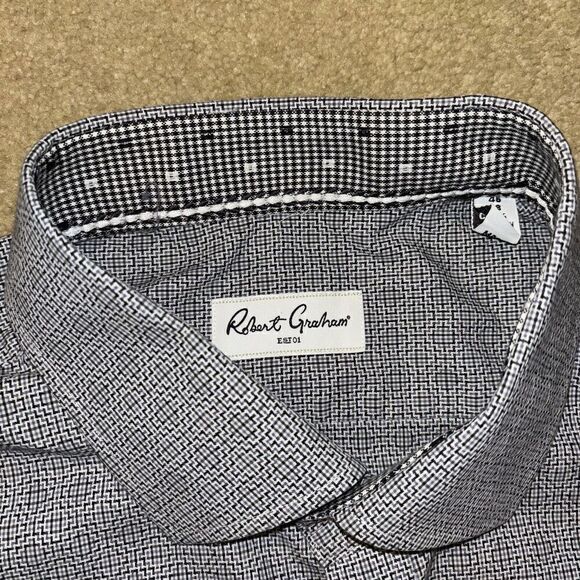 Robert Graham Houndstooth Plaid Button Down Shirt Grey White Black Size 46/18 - Picture 3 of 8